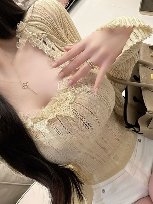 Elastic Lace Trim - 韓国風ライトマチュアレーストリムニットストラップカーディガンセット通気性高弾性Vネックボタン留めサマーカジュアル