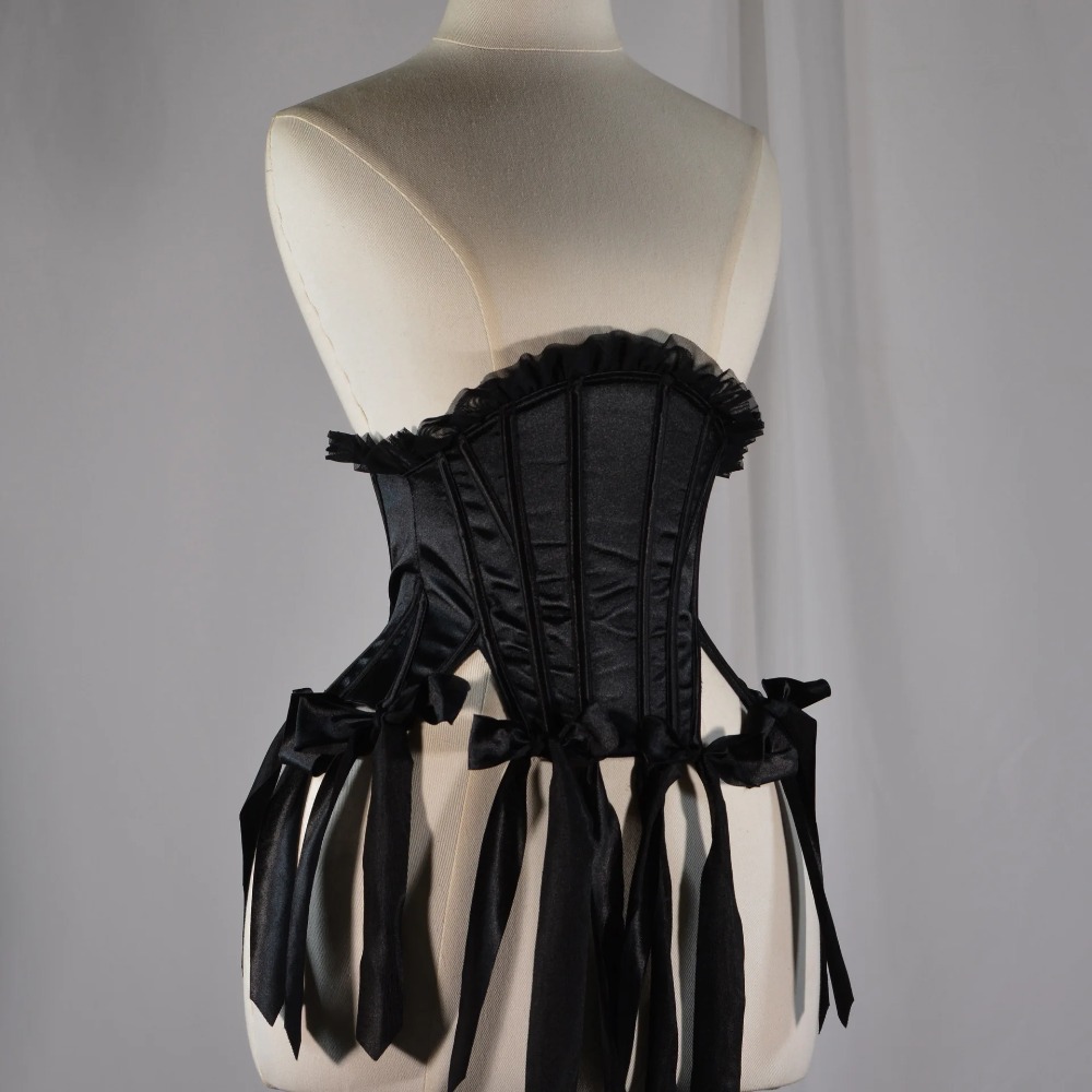 Tassel Fringe Trim - 女性用ブラックコルセットビスチェ、レースアップボーン入りウエストトレーナーボディース、タッセル付き高級ステージコスチューム、お腹引き締めシェイピングトップス