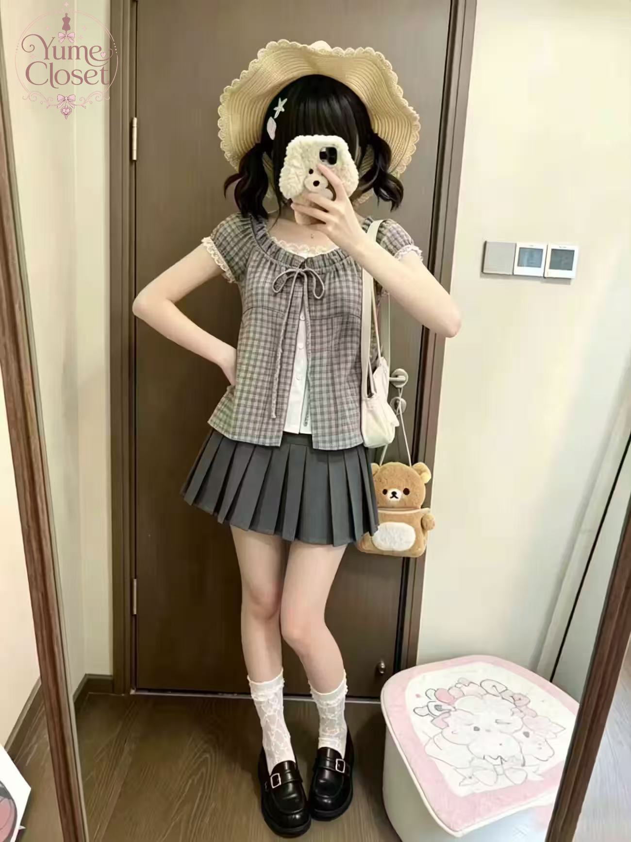 Elastic Lace Trim - 日本のヴィンテージ風チェック柄ツーピースセット レディース ラッフルスリーブ ボウレーストリムトップ ハイウエストプリーツミニスカート カジュアルデイリーコーデ