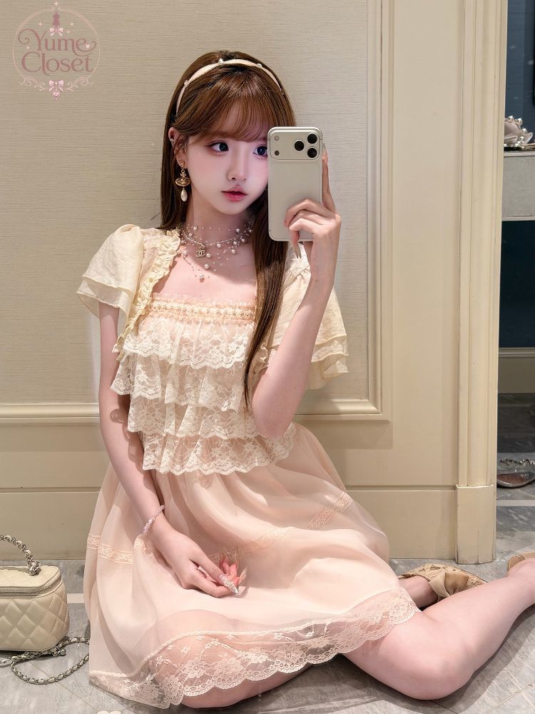 Elastic Lace Trim - 日本のヴィンテージ甘いロリータドレスセット女性レーストリムパフスリーブクロップドカーディガンシフォンスリムフィットミニドレスカジュアル衣装