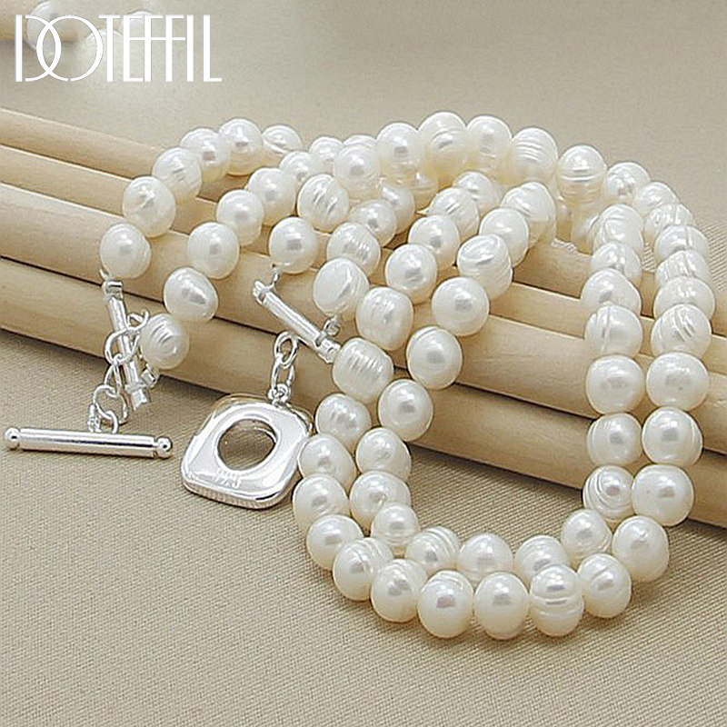 Pearl Trim Chain - Doteffil-女性用ダブルパールネックレス,8mm,925スターリングシルバーチェーン,ホワイトナチュラル,ウェディング,エンゲージメント,ジュエリー