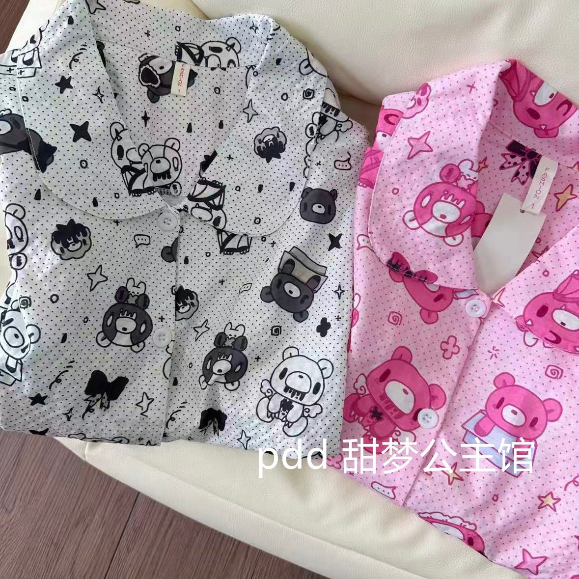 Embellish Knit - 3 個女性かわいいグルーミーベアプリントパジャマセット人形ラペル長袖ズボンパジャマかわいい漫画部屋着ホーム服