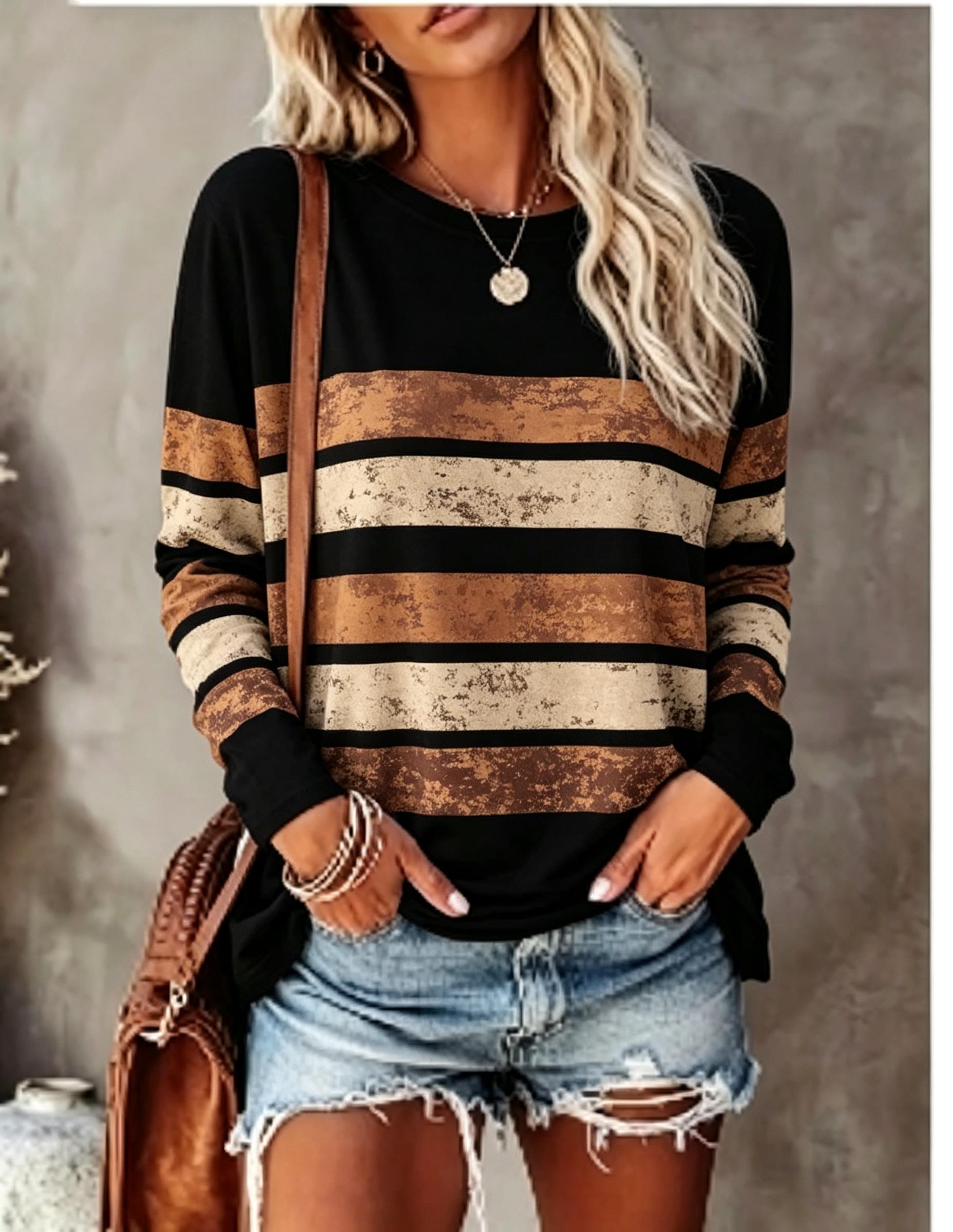 Embellish Knit - レディース 長袖Tシャツ ヴィンテージ風 ダメージ加工 カラーブロック ストライプ柄