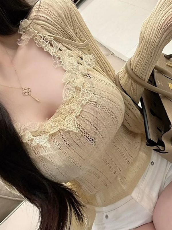韓国風ライトマチュアレーストリムニットストラップカーディガン - Elastic Lace Trim のレビューと価格