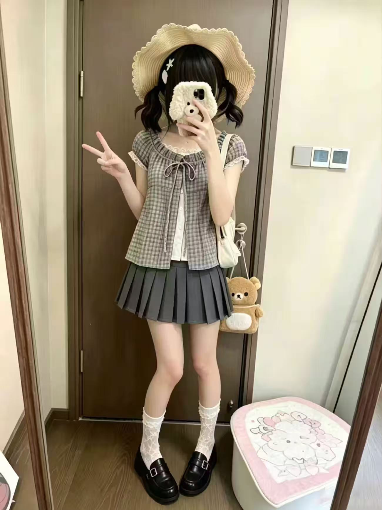 日本のヴィンテージ風チェック柄ツーピースセット レディース  - Elastic Lace Trim のレビューと価格