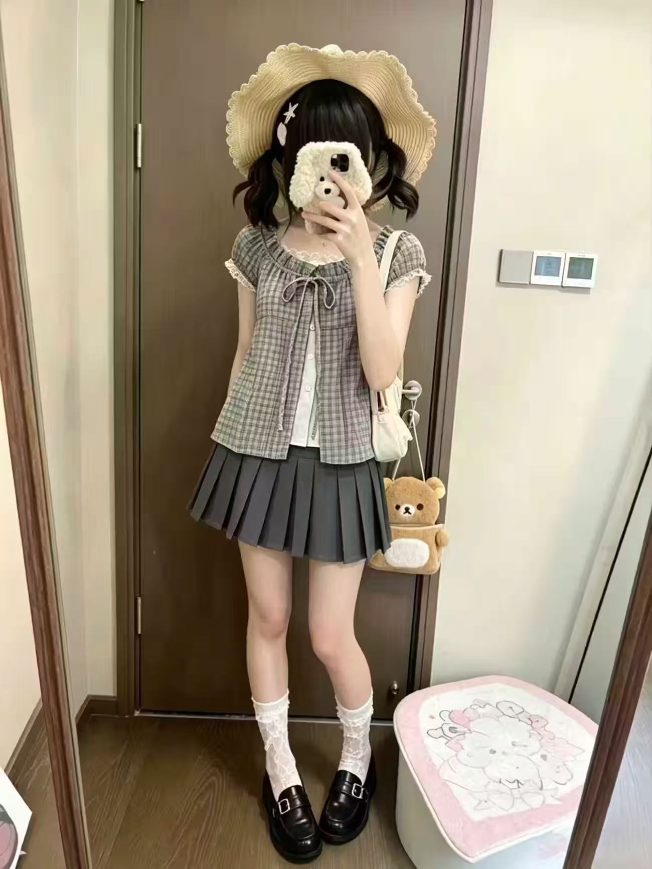 日本のヴィンテージ風チェック柄ツーピースセット レディース  - Elastic Lace Trim のレビューと価格