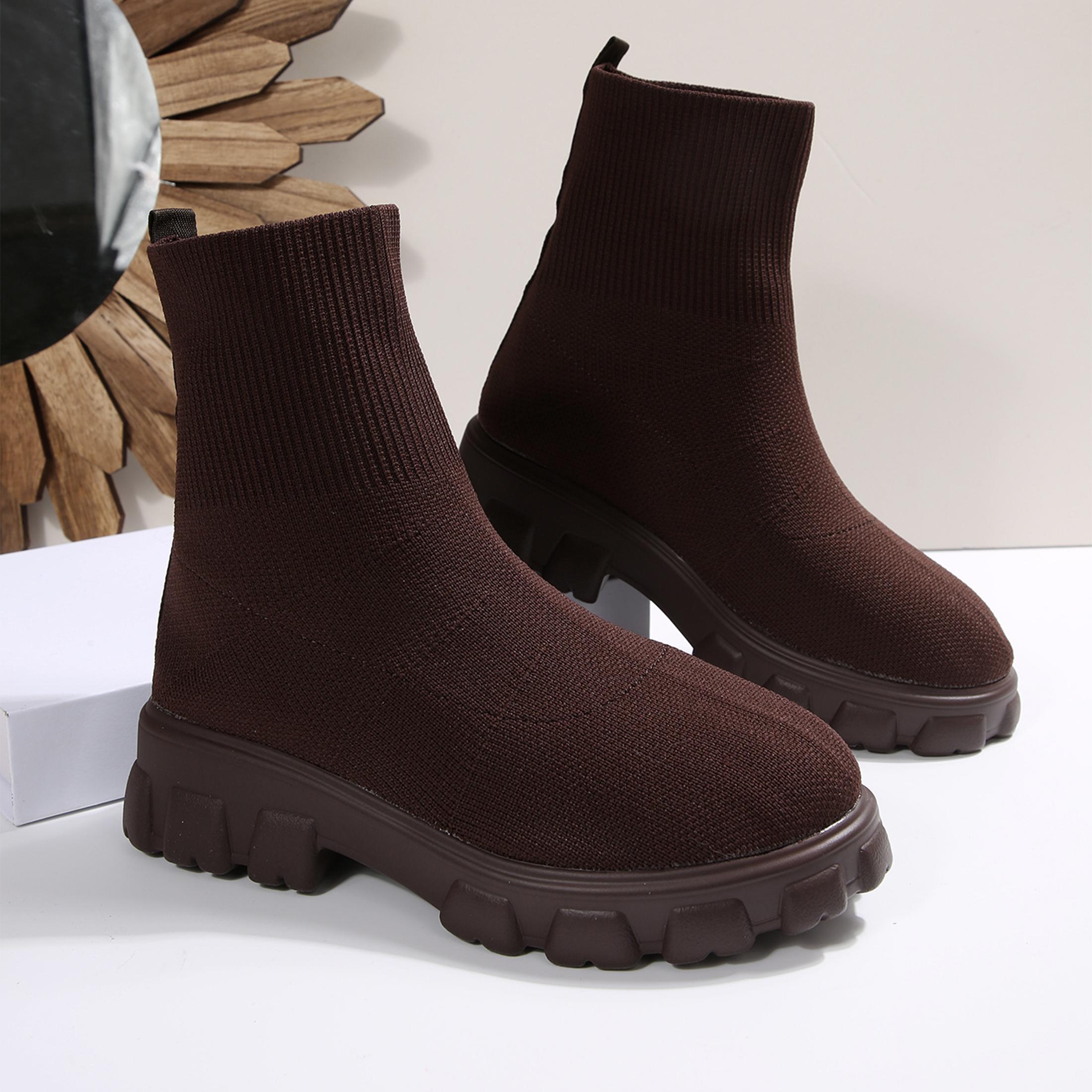 女性用アンクルブーツ、快適なラウンドトゥ、スリップオン、スト - Embellish Knit のレビューと価格